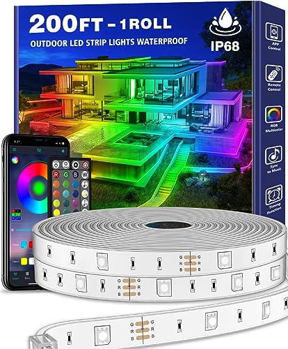 200ft Outdoor LED Strip Lights Waterproof 1 Roll,IP68 Outside Led Light Strips Waterproof with App and Remote,Music Sync RGB Exterior Led Rope Lights with Self Adhesive Back for Deck,Balcony,Pool