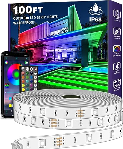 AILBTON 100ft Outdoor LED Strip Lights Waterproof,IP68 Outside Led Light Strips Waterproof with Bluetooth App Remote Control,Music Sync RGB Exterior Led Rope Lights,for Balcony,Deck,Roof,Garden,Pool