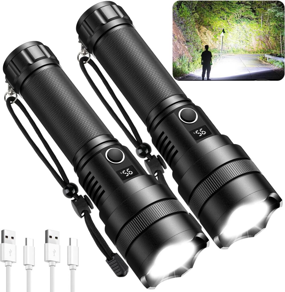 ALSTU Rechargeable Flashlights High Lumens, 300,000 Lumen Bright Flashlight with 5 Modes, Led Flash Light with Power Display  IPX7 Waterproof for Camping, Hiking, Outdoor (2 Packs)
