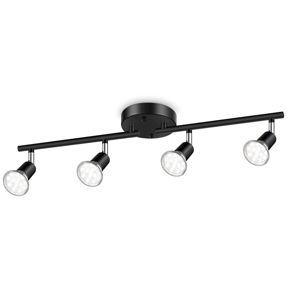 Ascher 4-Light LED Track Lighting Kit, Flexibly Rotatable Light Heads, 4 Way Ceiling Spotlight Black Finish, Including 4 GU10 LED Bulbs (4W 400LM Daylight White 5000K)