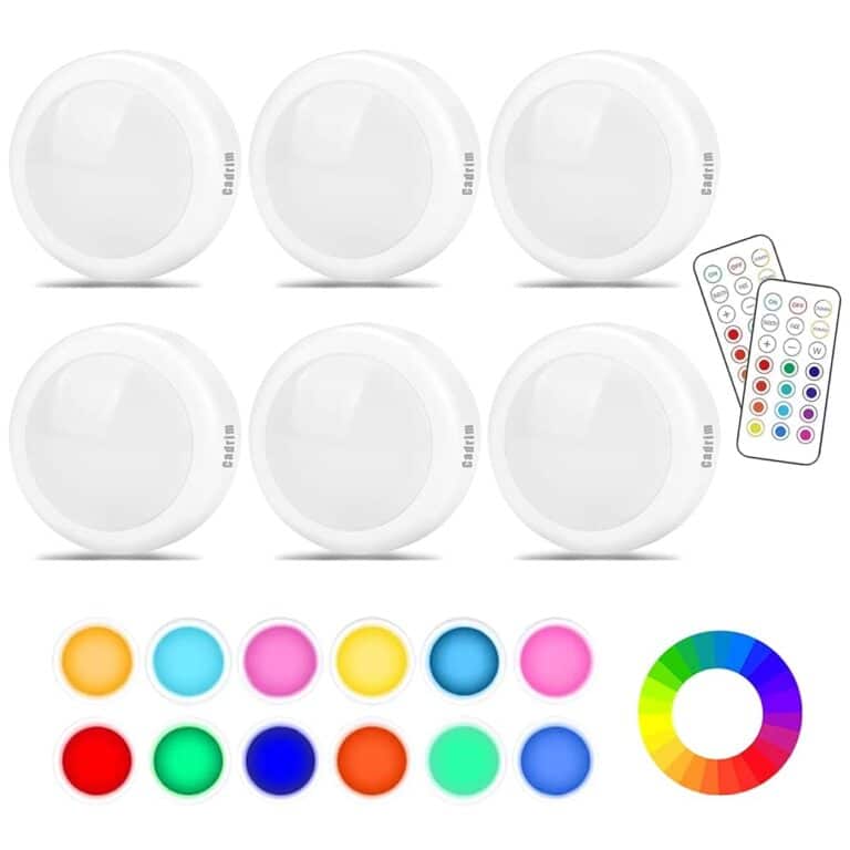 Cadrim Puck Lights, 13 Colors Changeable LED Puck lightings Battery Powered Dimmable Under Cabinet Lights, Battery Powered Under Counter Lights with 2 Wireless Remote Controls for Kitchen(6 Pack)