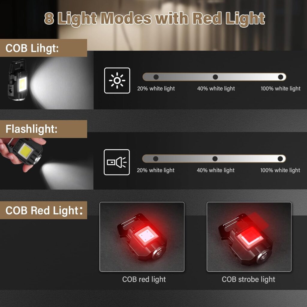 COB Keychain Work Light 2000 Lumens 7 Modes with Red Light Small Keychain Flashlights Magnet Rechargeable Keychain Light COB LED Light Waterproof Portable Mini USB Pocket COB Work Lights (2 Pack)