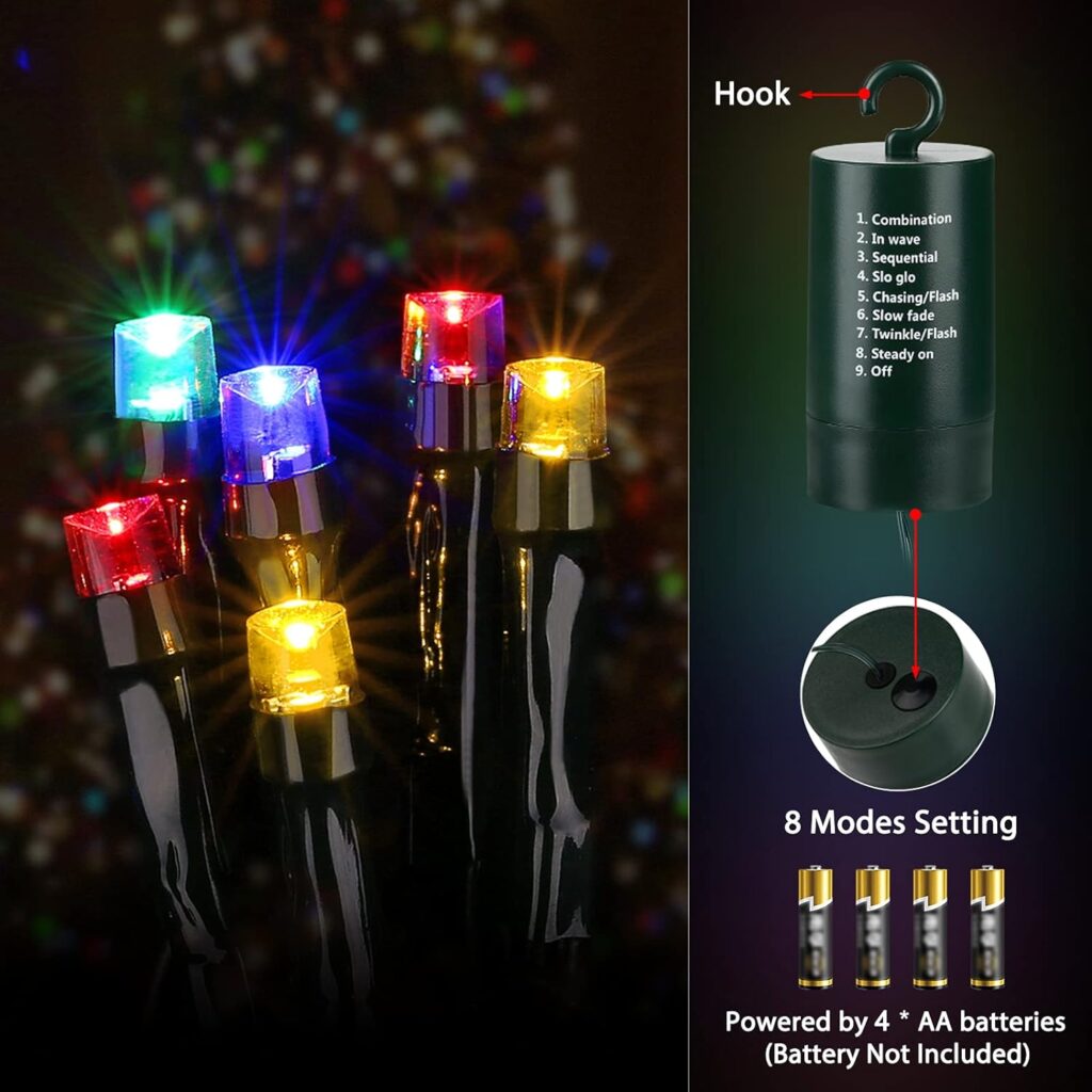 Flacchi Multi-Color Christmas Lights, 66 ft 200 LED Battery Operated String Lights Waterproof 8 Modes  Auto Timer Mini Lights for Xmas Decorations, Home, Party, Holiday Decor Outdoor Indoor