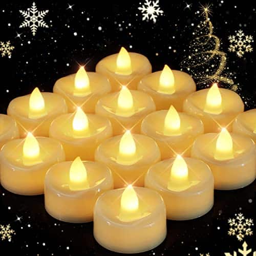Flameless Candles, 24 Pack LED Tea Lights Candles Battery Operated, Last 150+ Hrs Flickering Tea Lights, Flameless Tealight Candles for Halloween Diwali Fall Christmas Weddings Dia 1-1/2”x H 1-1/4”