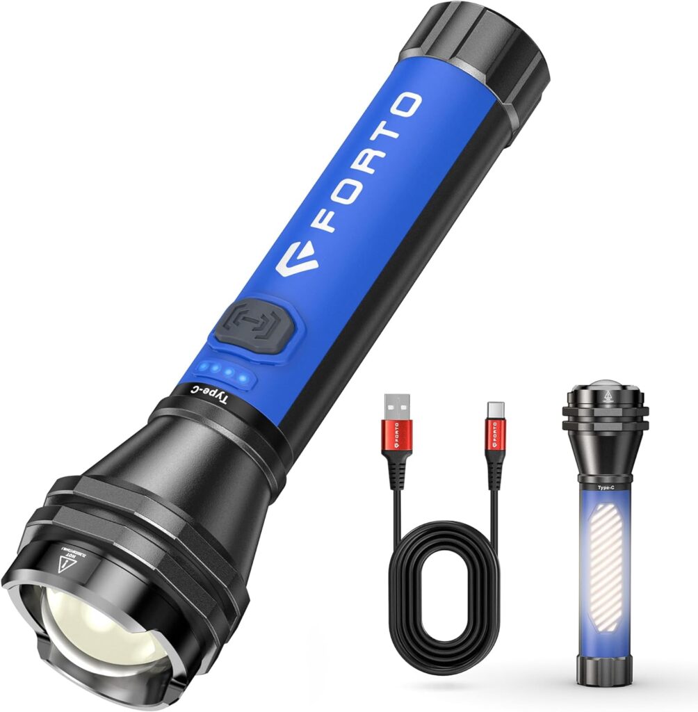 FORTO LED Rechargeable Flashlight, 100000 High Lumens, Zoomable, 4 Modes, Waterproof, Flashlight with USB Rechargeable Battery, Flash Lights for Camping, Hiking, Emergency, Home, Blue