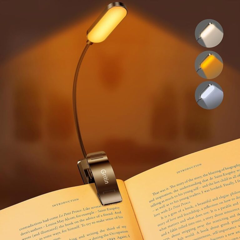 Gritin 16 LED Rechargeable Book Light for Reading in Bed - Eye Caring 3 Color Temperatures, Stepless Dimming Brightness,80Hrs Runtime,Lightweight Flexible Clip On Book Light for Book Lovers,Kids