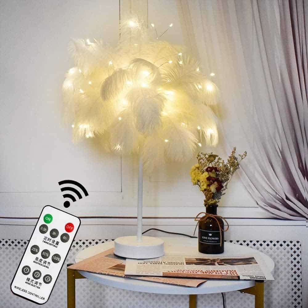 GUOCHENG Ostrich Feather Night Light LED Decorative Atmosphere Light with Feathers, Remote Control Feather Beside Table lamp for Nursery Girls Bedroom Living Room Wedding (White)