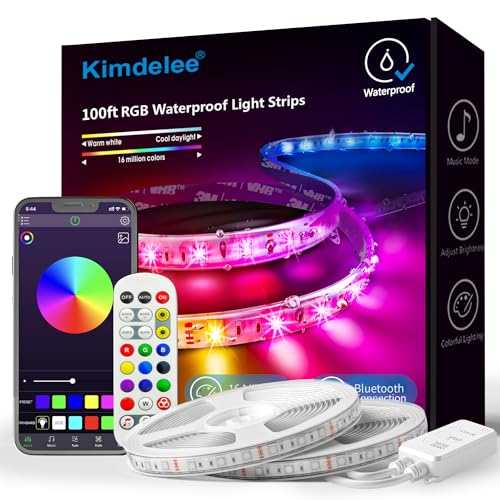 Kimdelee 100ft 66ft 33ft Waterproof Led Light Strips, 12v RGB Outdoor Strip Rope Lights, Color Changing with App Bluetooth Music Sync, Christmas Lights Decor (100ft)