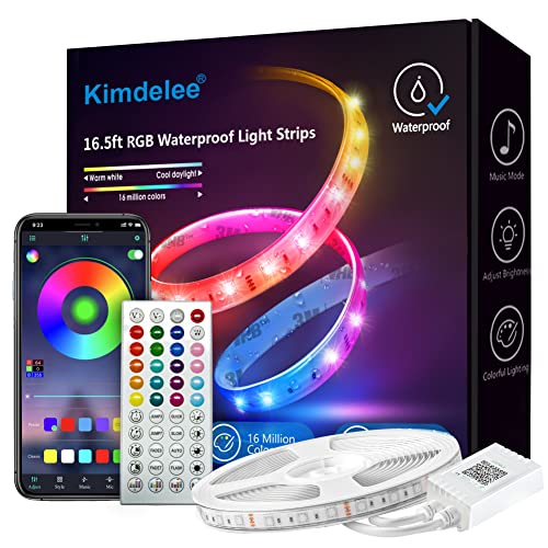 Kimdelee 16.5ft Waterproof Led Light Strips, 12v RGB Outdoor Led Strip Lights Waterproof Color Changing with Bluetooth Music Sync App Remote, Christmas Decor Lights Outdoor Rope Lights