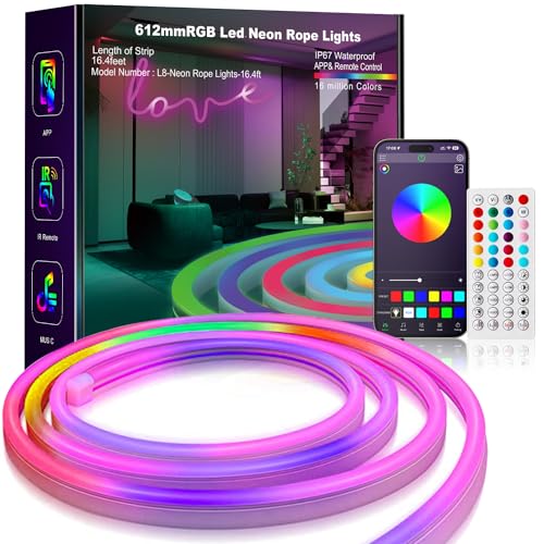 L8star 16.4ft RGB LED Neon Rope Light with Remote Control, Smart Color Changing DIY Mode Neon Flex Strip Lights for Bedroom Indoors Outdoors Decor