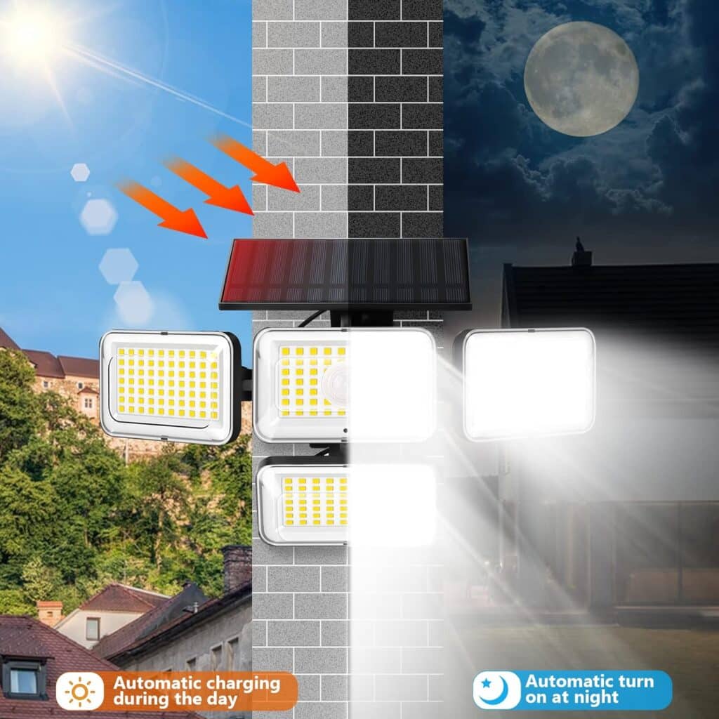 Mokot Solar Lights Outdoor, 288 LED IP65 Waterproof Solar Motion Sensor Outdoor Lights with Remote Control, 4 Heads Solar Flood Security Lights for Outside Patio Wall - 4Pack