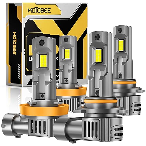 MOTOBEE H11 9005 LED Bulbs Combo, 32000LM 600% Brighter 6500K Cool White,1:1 Mini Size Replacement OEM Halogen Headlights, Plug and Play Automotive Headlight Bulbs, Pack of 4