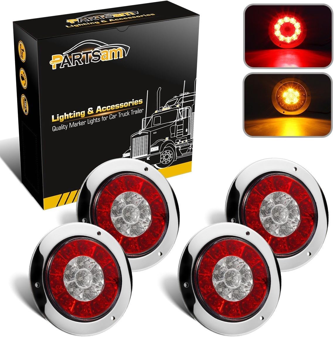 Partsam 4" Inch Round Led Trailer Taillights Stop Brake Lights Running Red and Amber Parking and Turn Signal Lights, Sealed Double Color Round Led Lights w/Stainless Steel Rings Flange Mount (4Pack)