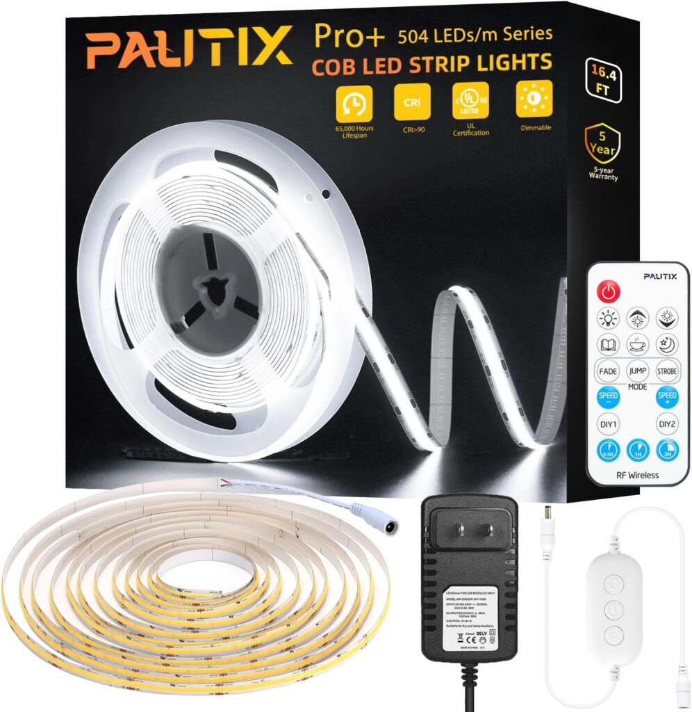 PAUTIX COB LED Strip Light 2520LEDs,Super Bright 5200Lumen 6500K White 16.4ft/5m,Dimmable 24V LED Tape Light with 3M Tape,RF Remote with Timer Function,36W Power Supply,for Bedroom,Home,Kitchen DIY