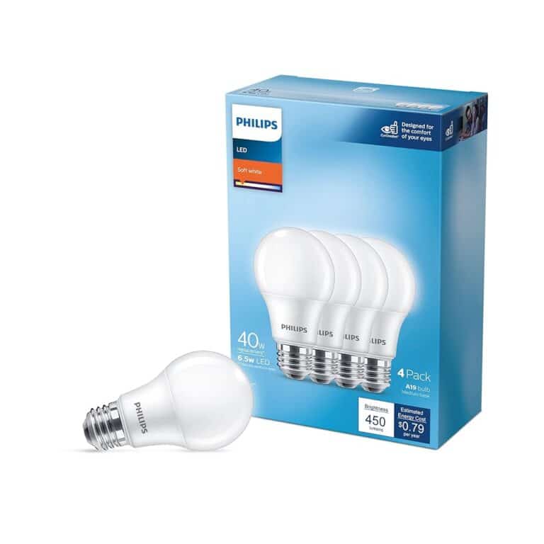Philips LED Basic Frosted Dimmable A19 Light Bulb - EyeComfort Technology - 450 Lumen - Soft White (2700K) - 6.5W=40W - E26 Base - Indoor (Pack of 4)