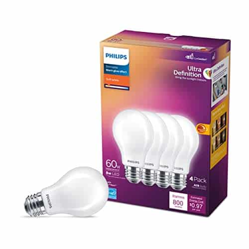 Philips LED Flicker-Free Frosted Dimmable A19 Light Bulb - EyeComfort Technology - 800 Lumen - Soft White (2700K) - 8W=60W - E26 Base - Title 20 Certified - Ultra Definition - Indoor - 4-Pack
