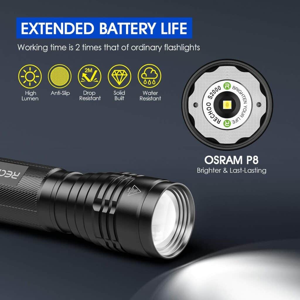 RECHOO High-Powered LED Flashlight S2000, Upgraded Powerful 2000 High Lumens Flashlights with 3 Modes, Zoomable, Water Resistant Flash Light for Camping, Outdoor, Emergency, Hiking