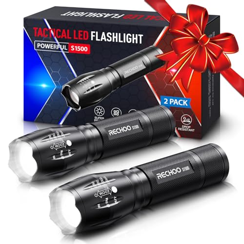 RECHOO Tactical Flashlights 2 Pack, Bright Zoomable LED Flashlights High Lumens with 5 Modes, Portable Small Flash Light for Emergency, Camping, and Outdoor Use