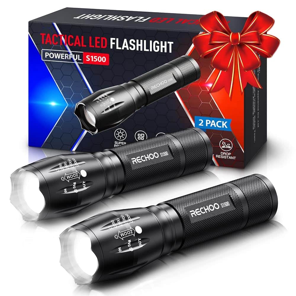 RECHOO Tactical Flashlights 2 Pack, Bright Zoomable LED Flashlights High Lumens with 5 Modes, Portable Small Flash Light for Emergency, Camping, and Outdoor Use