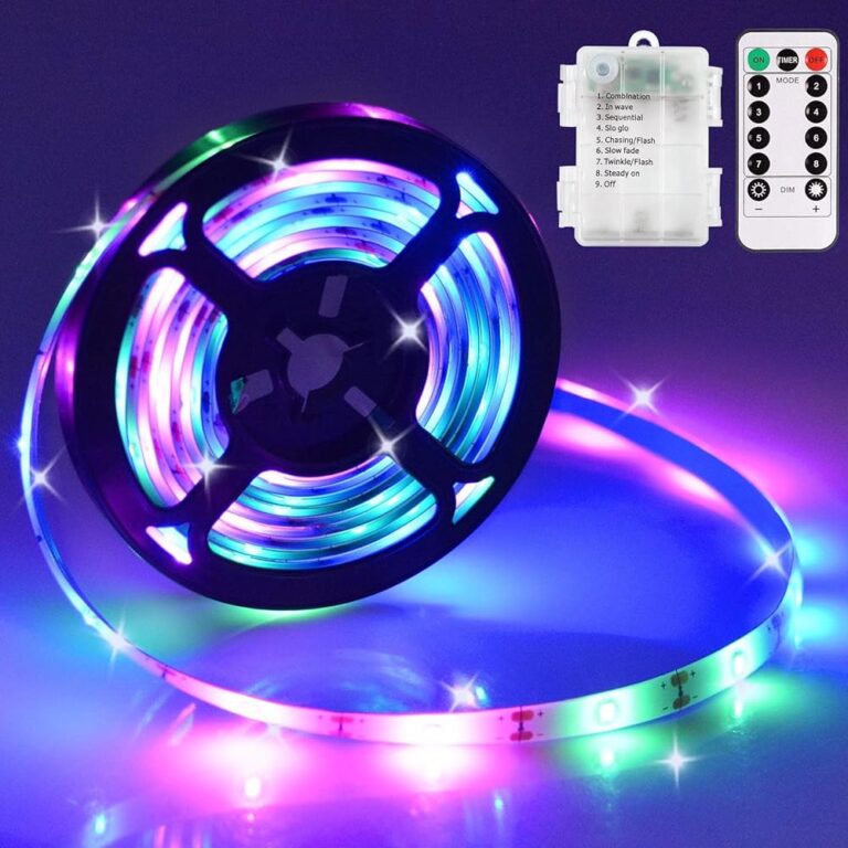 RGB LED Strip Lights Battery Operated, 9.8ft 90 LED Led Strip Lights with Remote Timer Dimmable, Waterproof Flexible Lights for Indoor Outdoor TV Table Bedroom Boat Kitchen (Multi-colored)