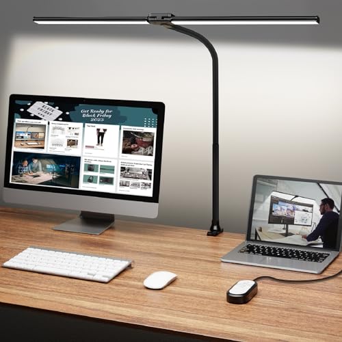 ShineTech Led Desk Lamp for Office Home, Extra Bright Double Head Desk Light with Clamp, Architect Task Lamp 50 Lighting Modes Adjustable Flexible Gooseneck Lamps for Workbench Drafting Study, Black