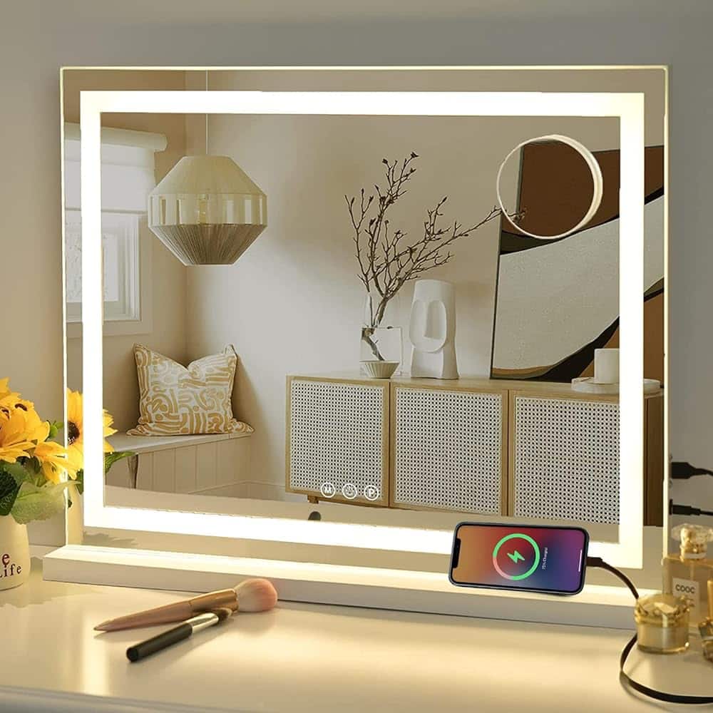 Sucedey Vanity Mirror with Lights, 23" x 18" Makeup Mirror, Hollywood Mirror with 3 Color Modes & Adjustable Brightness, Detachable 10x Magnification and USB Charging Design (White)