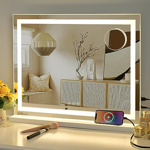 Sucedey Vanity Mirror with Lights, 23" x 18" Makeup Mirror, Hollywood Mirror with 3 Color Modes & Adjustable Brightness, Detachable 10x Magnification and USB Charging Design (White)