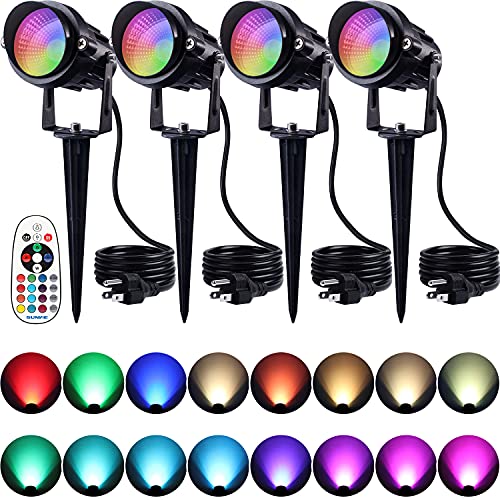SUNVIE Christmas Spotlights Outdoor 120V LED Spot Lights Outdoor 12W RGB Color Changing Landscape Lights with Remote Control Waterproof Spotlight with Plug for Yard Tree Path Garden Decorative, 4 Pack