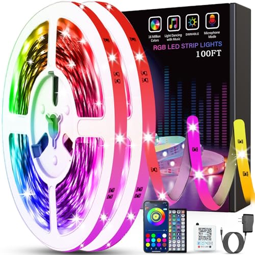 Tenmiro Led Lights for Bedroom 100ft (2 Rolls of 50ft) Music Sync Color Changing Strip Lights with Remote and App Control RGB Strip, for Room Home Party Decoration
