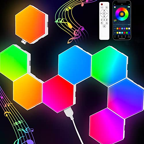 TISOFU Hexagon (8 Pack) LED RGB Gaming Lights with APP Smart Modular Panel Hex Tiles Push Glide Expansion Shapes Wall Lights