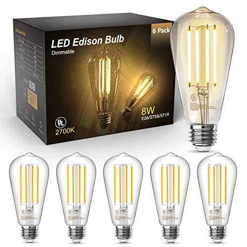 TJOY Edison Light Bulbs 60W Equivalent, Dimmable Vintage LED Light Bulbs, E26 Medium Base, Warm White 2700K, ST58, 8W, 800LM, 80+ CRI, Antique Decorative Filament LED Bulb, Clear Glass, 6 Pack
