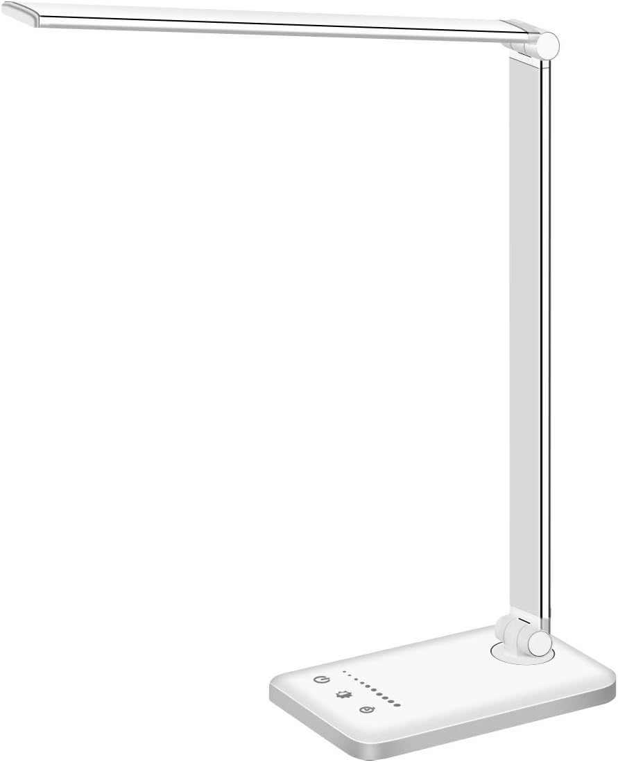 White crown LED Desk Lamp Dimmable Table Lamp Reading Lamp with USB Charging Port, 5 Lighting Modes, Sensitive Control, 30/60 Minutes Auto-Off Timer, Eye-Caring Office Lamp