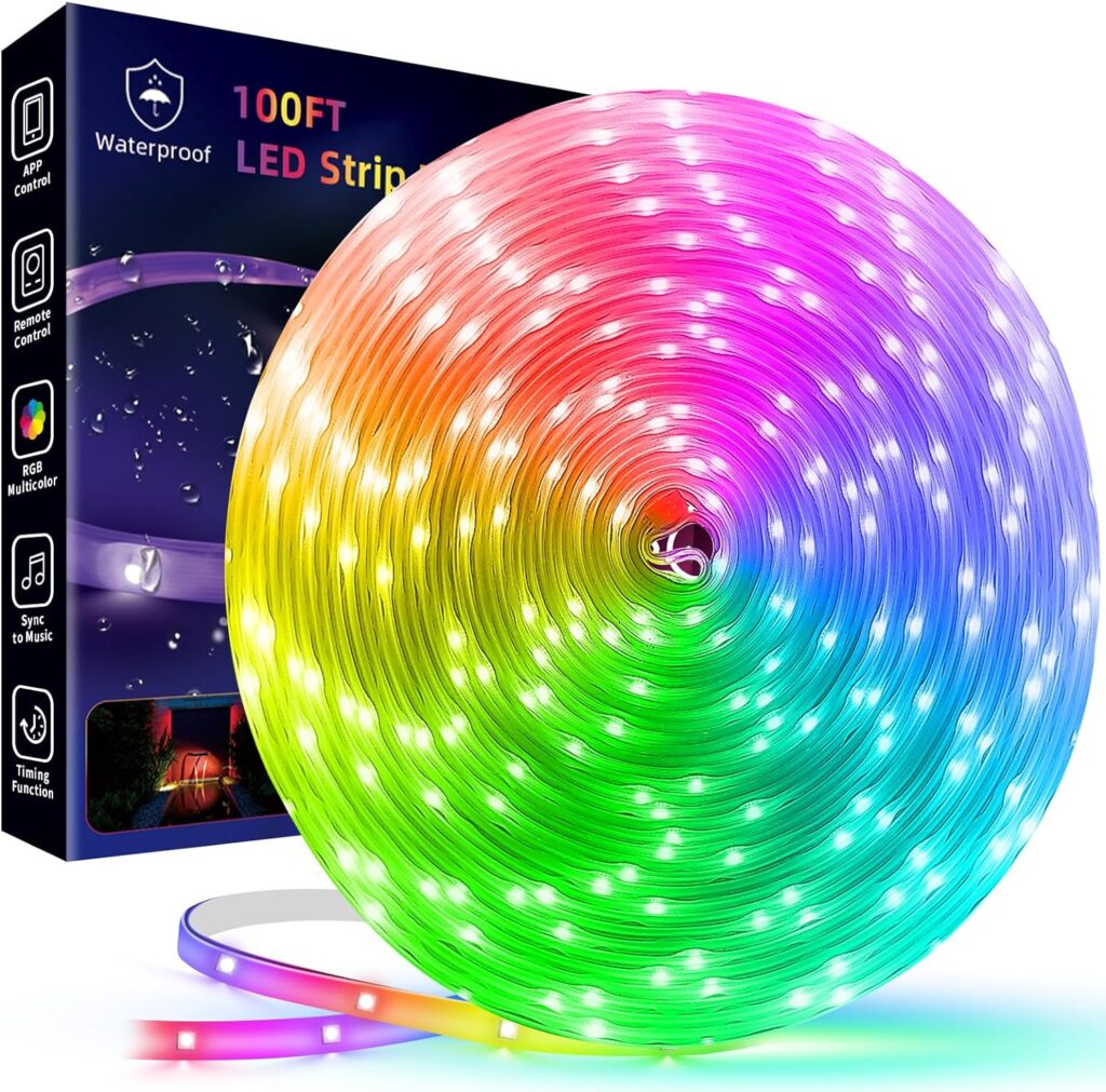 100ft Outdoor Led Strip Lights Waterproof IP68, RGB Led Rope Lights Outdoor Waterproof Music Sync, Outside Led Lights Strip With Remote  App, Exterior Christmas Lights Waterproof For Pool Roof Yard