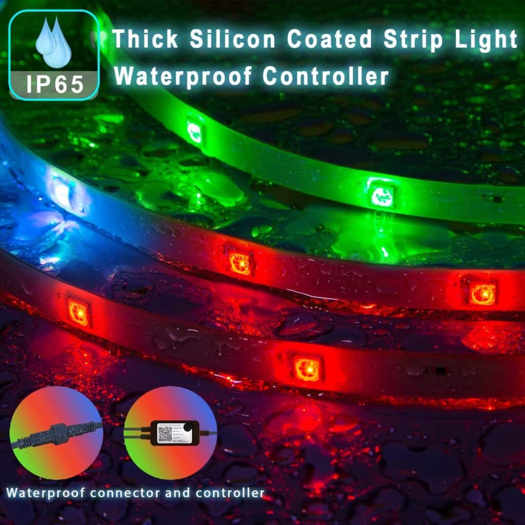 105FT IP67 RGB+IC Outdoor Led Strip Lights Waterproof Led Light Strips with RF Remote Bluetooth Music Sync App Control,Color Changing LED Rope Lights (105FT/32M, RGB+IC)
