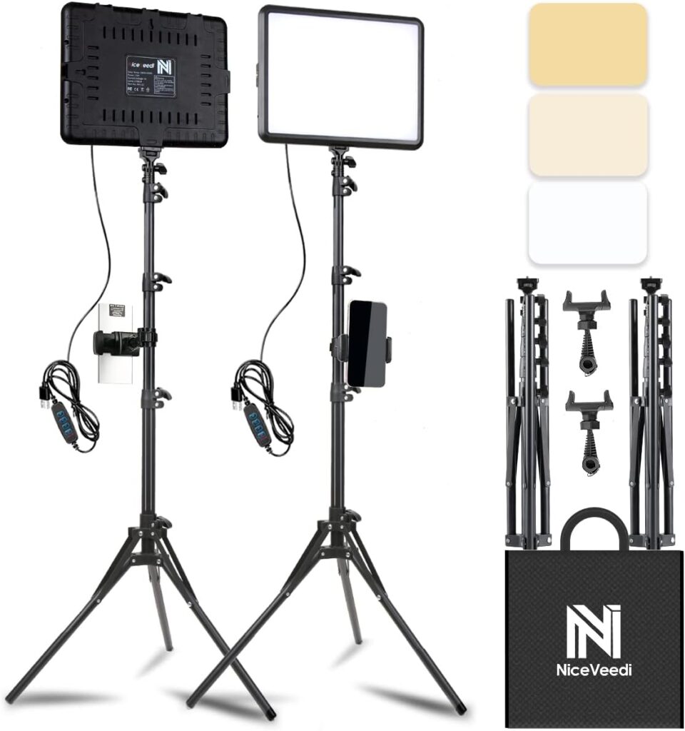 2-Pack LED Video Light Kit, NiceVeedi Studio Light, 2800-6500K Dimmable Photography Lighting Kit with Tripod StandPhone Holder, 73 Stream Light for Video Recording, Game Streaming, YouTube