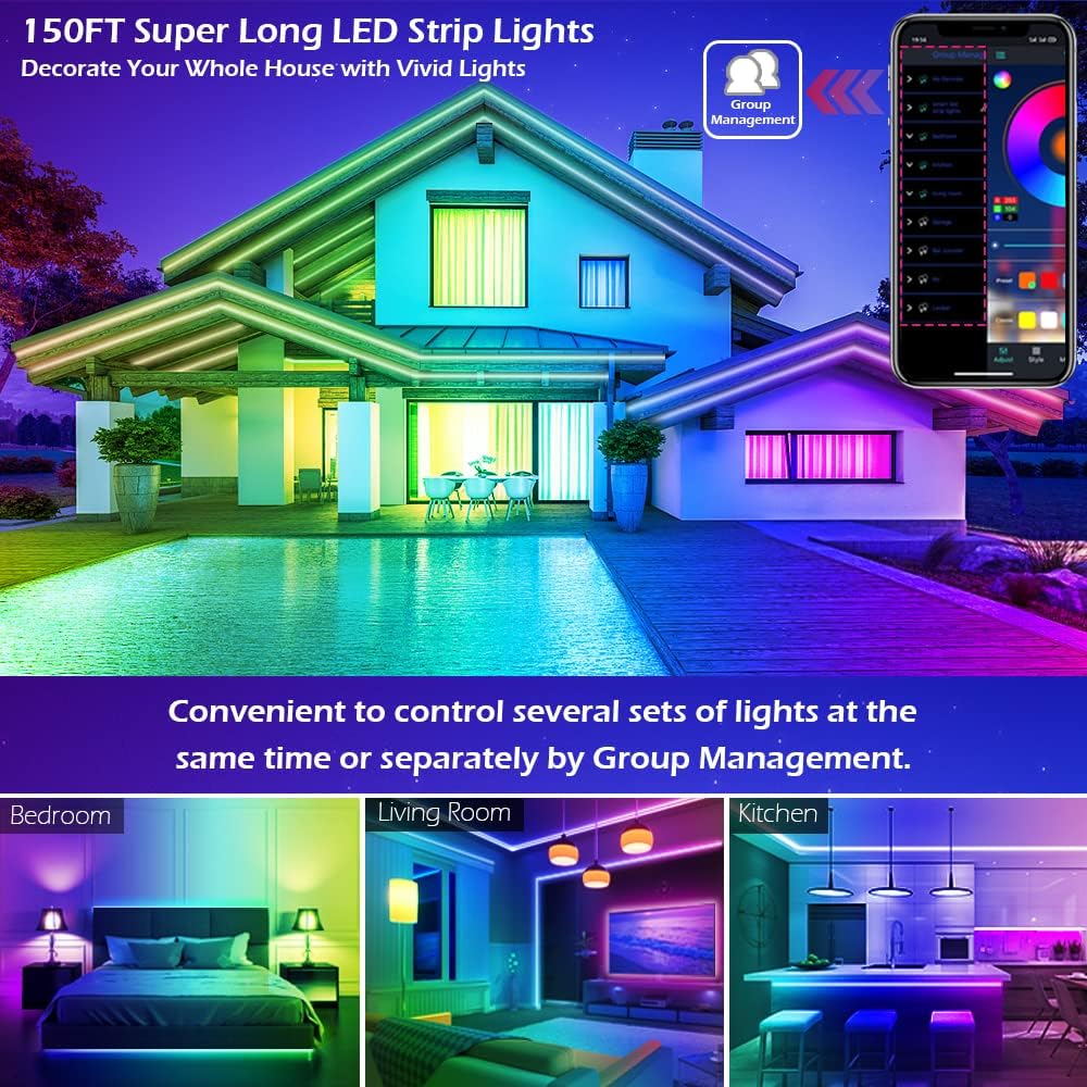 200ft Outdoor LED Strip Lights Waterproof 1 Roll,IP68 Outside Led Light Strips Waterproof with App and Remote,Music Sync RGB Exterior Led Rope Lights with Self Adhesive Back for Deck,Balcony,Pool