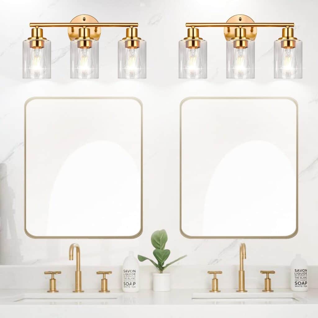 3-Light Bathroom Light Fixtures, Brushed Nickel Vanity Light, Farmhouse Wall Lights with Clear Glass Shade, Bathroom Wall Lamp for Mirror Kitchen Bedroom Hallway Living Room Hallway Cabinet