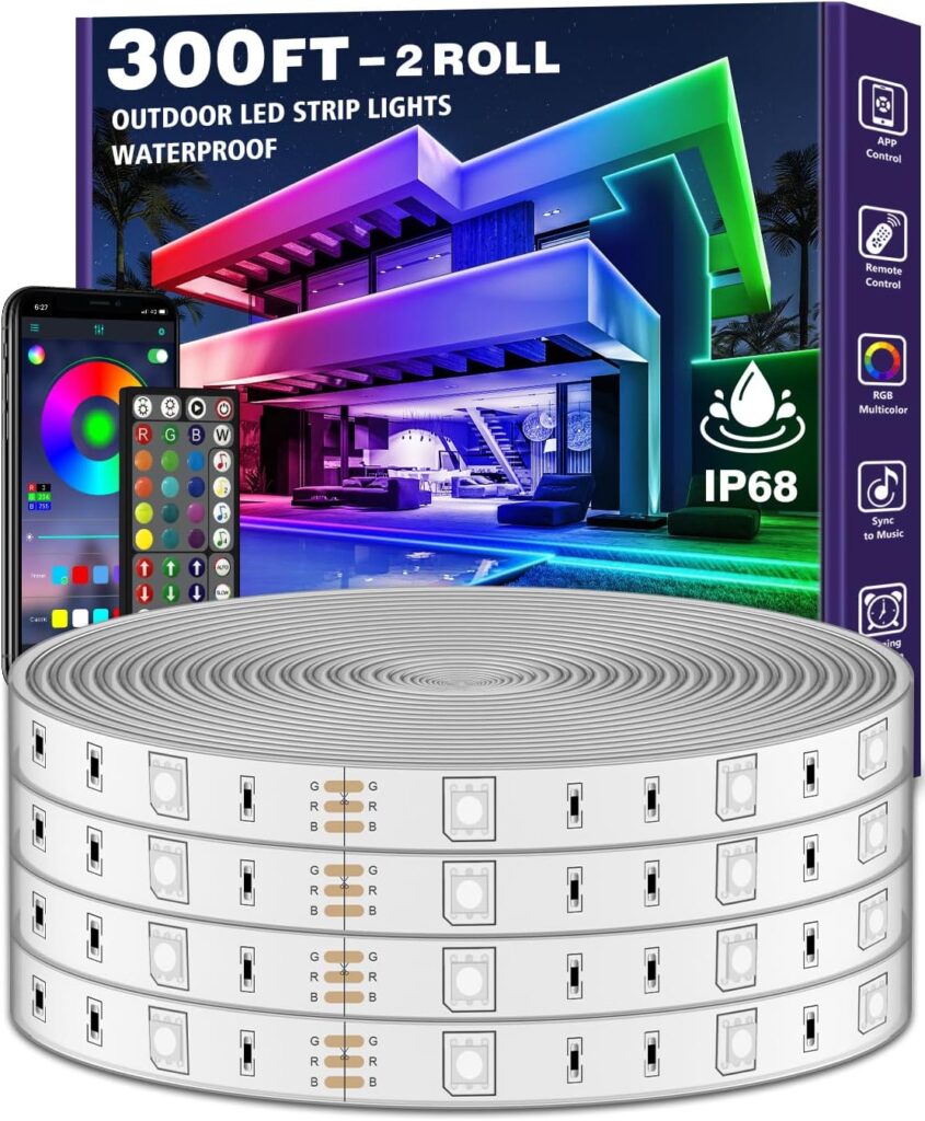300ft Outdoor LED Strip Lights Waterproof With self-adhesive back,IP68 Outside Led Lights Strips Waterproof with Bluetooth App Remote,Music Sync RGB Exterior Led Rope Lights,for Balcony,Deck,Roof,Pool