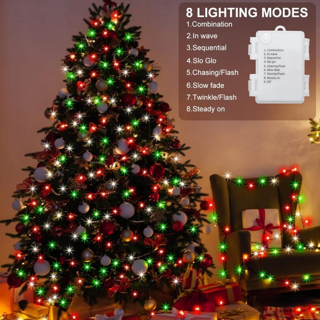 4 Pcs 49 ft Red White Green Christmas String Lights 150 Led Battery Operated Christmas Fairy Lights Timer 8 Modes Waterproof Christmas Outdoor Decoration Lights for Xmas Tree Indoor House