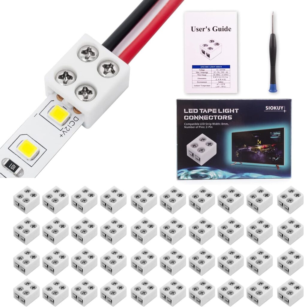 40 PCS 2-Pin 8mm Solderless Led Strip Connectors, Reliable Led Light Strip Connectors Screw Down 8mm Tape to Wire, Easy-to-Install Led Connector, Solidly Connected Led Connectors for Strip Lights