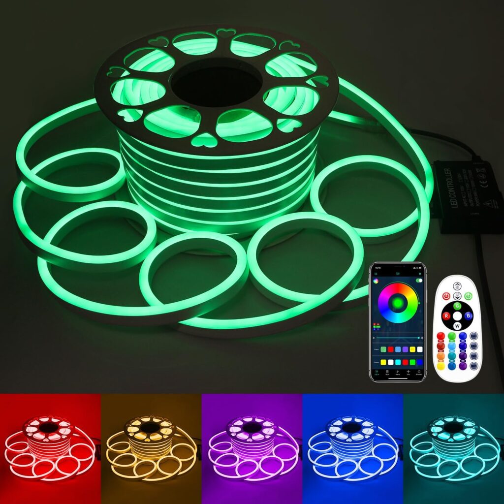 Aclorol RGB Neon Lights AC110V-130V 82FT Neon LED Strip Lights Neon Rope Light Flexible Color Changing 80Leds/M Waterproof Multi-Colors with Remote Controller for Outdoor Garden Commercial 25M