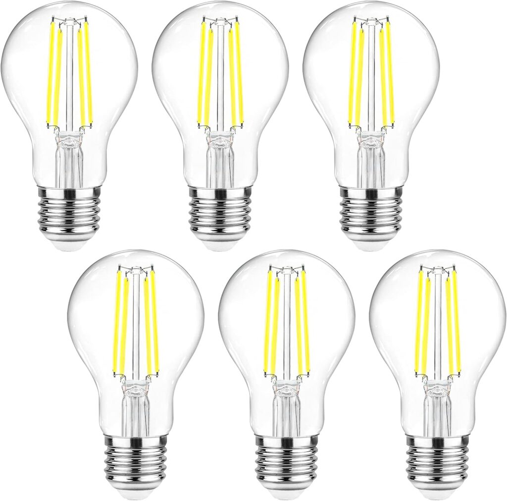 Ascher 60 Watt Equivalent, E26 LED Filament Light Bulbs, Daylight 5000K, Non-Dimmable, Classic Clear Glass, A19 LED Light Bulb with 80+ CRI, Pack of 6