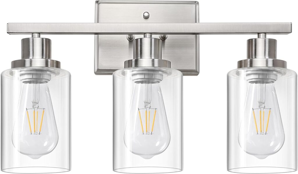 Ascher Bathroom Vanity Light Fixtures, 3 Light Wall Sconces Lighting with Clear Glass Shade, Matt Nickel Wall Lights for Mirror, Kitchen, Living Room, Gallery, Hallway, E26 Base (Bulbs Not Included)