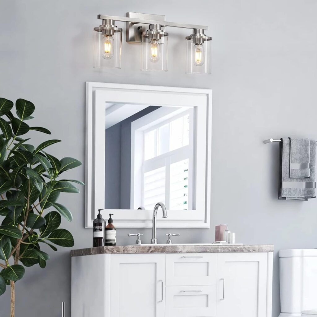 Bathroom Light Fixtures, 3 Light Bathroom Vanity Light, Brushed Nickel Vanity Lights Over Mirror with Clear Glass Shade and Nickel Finish, Metal Bathroom Wall Light (Brushed Nickel, 3-Light)