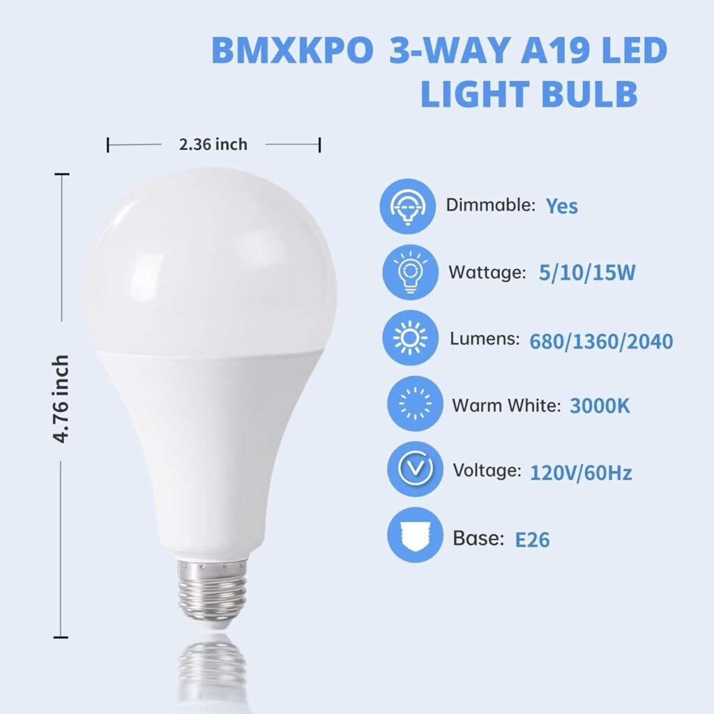 BMXKPO 3-Way Led Light Bulbs 50 100 150W Equivalent, A19 Light Bulbs E26 Medium Base,5/10/15W 5000K Daylight, 4 Pack