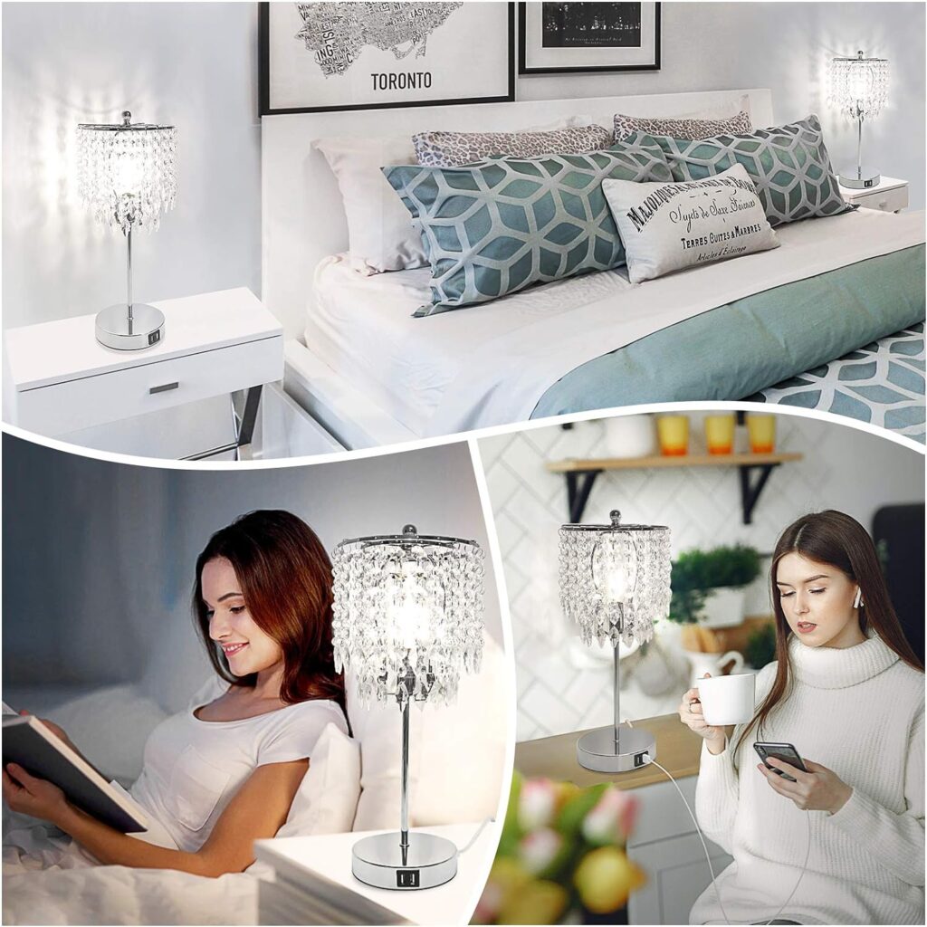 Boncoo Crystal Touch Lamp, 3-Way Dimmable Crystal Table Lamp Set of 2 Touch Control, Bedroom Lamps with 2 USB Charging Ports, Bedside Lamps with Elegant Shade Living Room, 4W Led Bulb Included