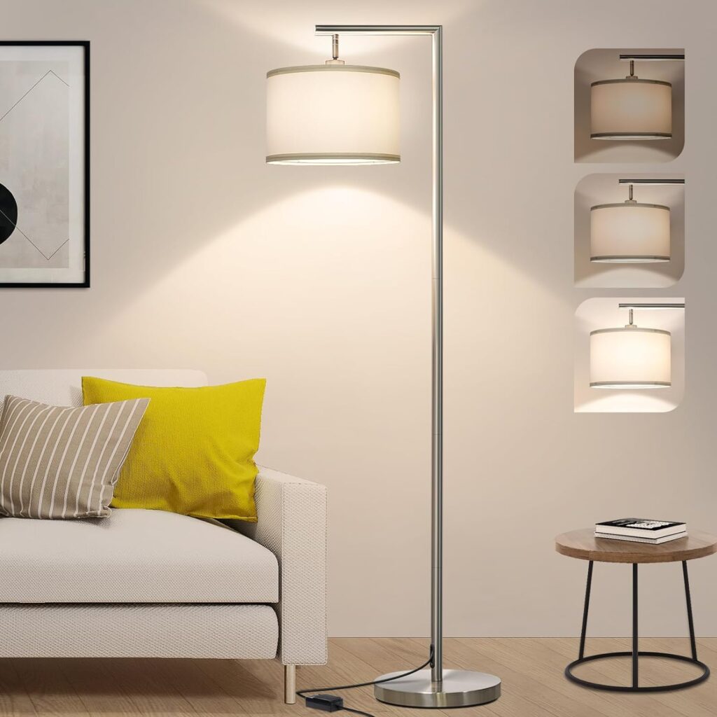 Boncoo Floor Lamps for Living Room, Standing Lamp Tall with Adjustable Silk Shade, Modern Stepless Dimmable Floor Lamp, LED Reading Standing Light for Bedroom Office Dorm Room, 9W Bulb Included
