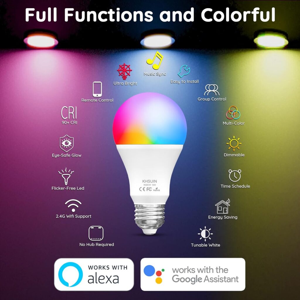 Bright Wifi Smart Light Bulbs 13W 120W Equivalent A19 Music Sync RGBCW Color Changing Light Bulb Works with Alexa,Google,1300 Lumens,2700K-6500K Tunable Alexa Light Bulb,Dimmable Smart Bulb,2 Pack