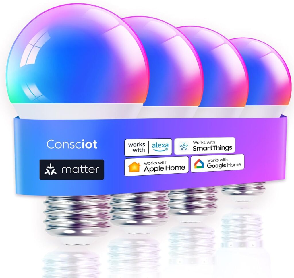 Consciot Smart Light Bulbs,WiFi Bluetooth Bulbs Works with Alexa/Google Home/Siri/SmartThings, RGBTW Color Changing LED Light Bulb, Music Sync Smart Bulbs E26 9W 800LM A19 Matter Smart Bulb, 4 Pack