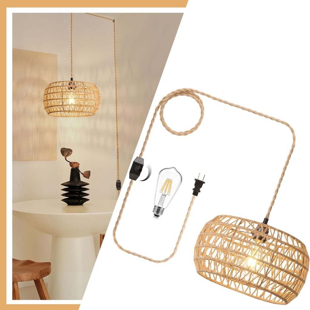 CQQJIE Plug in Pendant Light Rattan Hanging Lights with Plug in Cord with Woven Hemp Rope Lamp Shade,Dimmable Switch,Boho Plug in Ceiling Light Fixtures for Kitchen,Farmhouse,Bedroom (Pumpkin-Shaped) - Amazon.com
